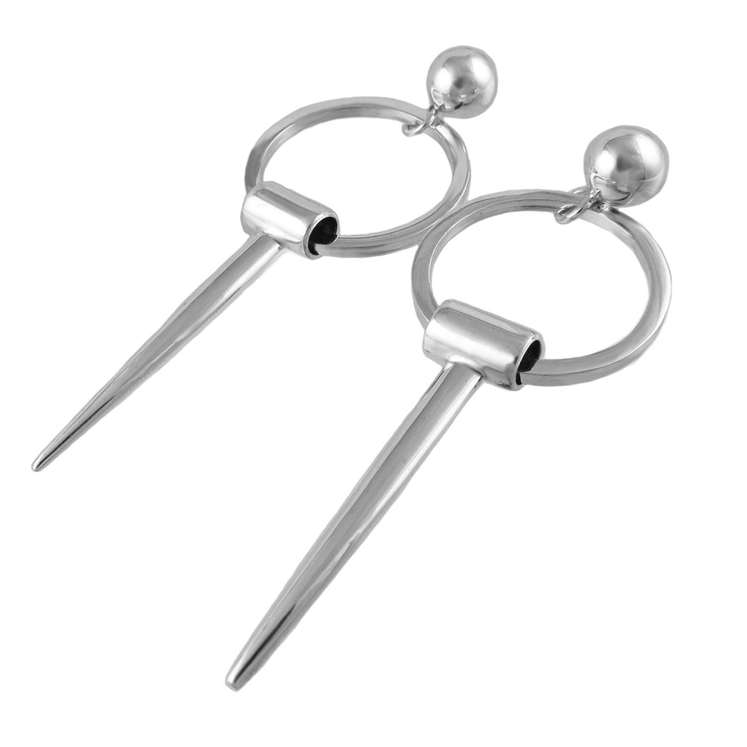 A pair of long silver spike earrings with symmetrical circle drops.