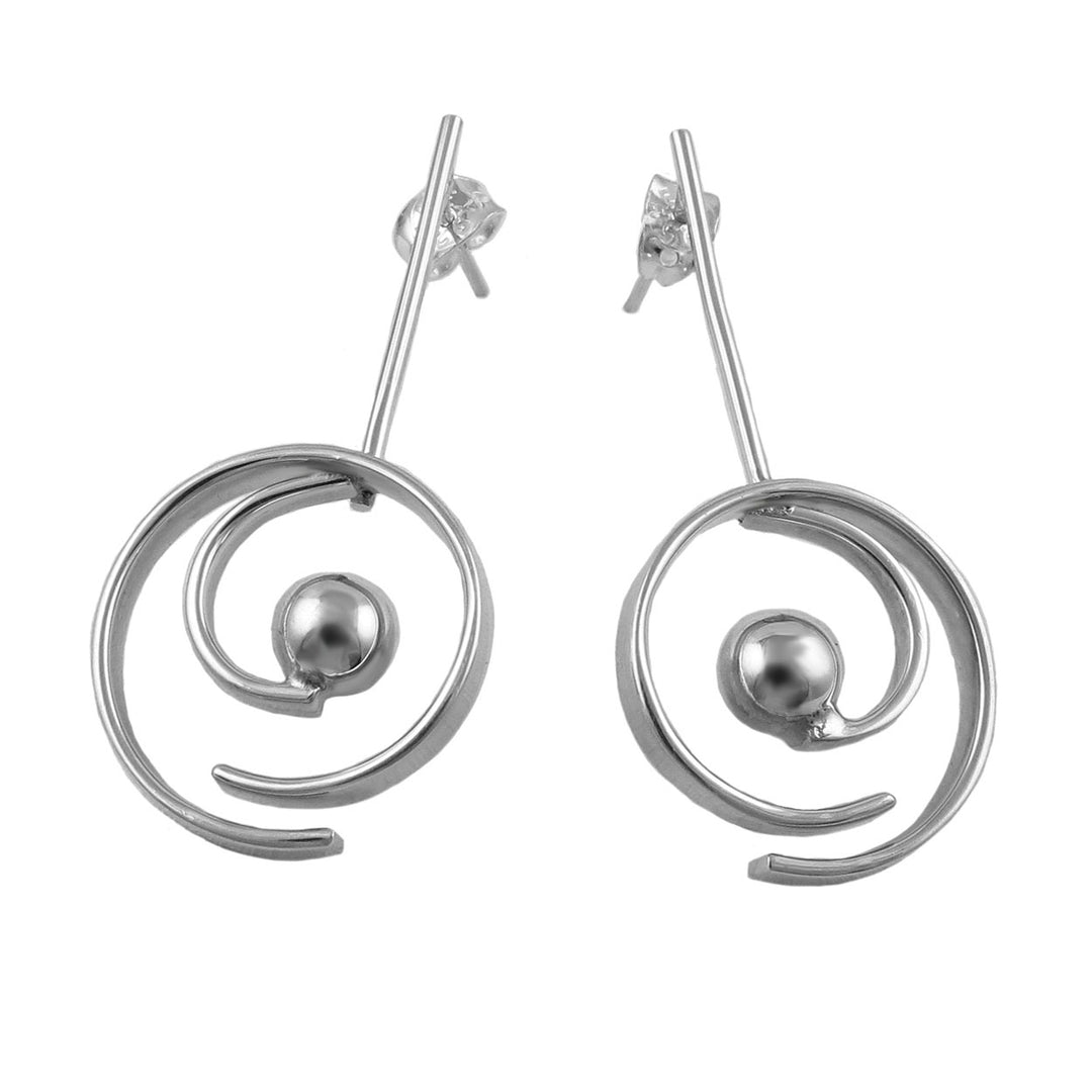 A pair of sterling silver drop earrings with a geometric design, featuring a single ball bead in the center and circular hoops on each side.