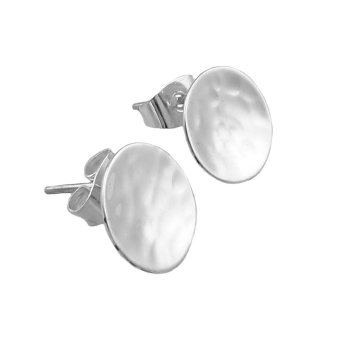 A pair of silver stud earrings with a hammered finish, round in shape, displayed against a white background.