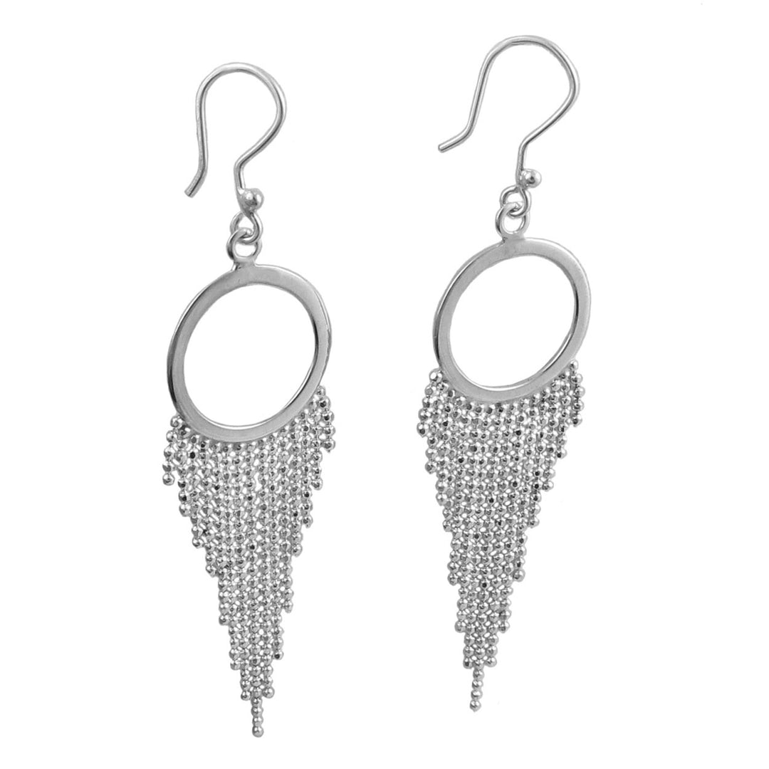 A pair of silver chain fringe fall earrings with a geometric pattern.