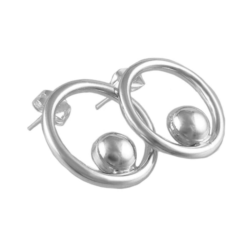 A pair of sterling silver circle hoop earrings with small round beads attached to the hoops.