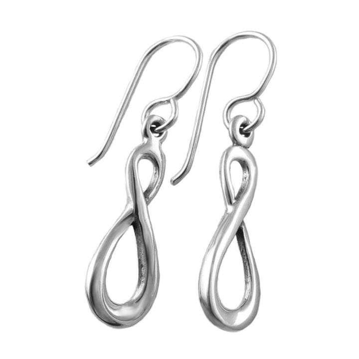 A pair of infinity symbol drop earrings made from 925 silver, with a figure of eight design, hanging from long ear hooks.