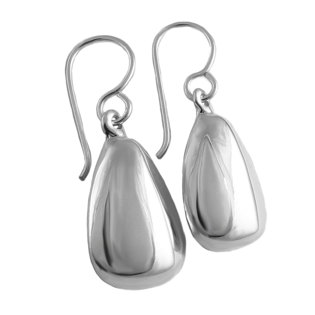 A pair of silver drop earrings with a three-dimensional angled teardrop design.