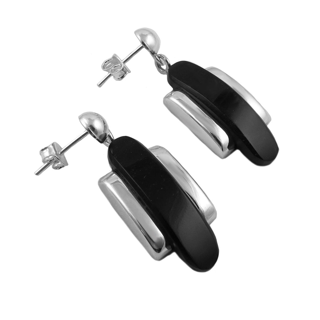 Sterling silver and obsidian gemstone drop earrings on a white background.