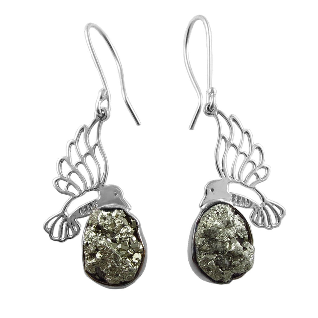 A pair of silver drop earrings featuring faceted pyrite druzy gemstones set in a solid 925 silver frame with whimsical bird designs.