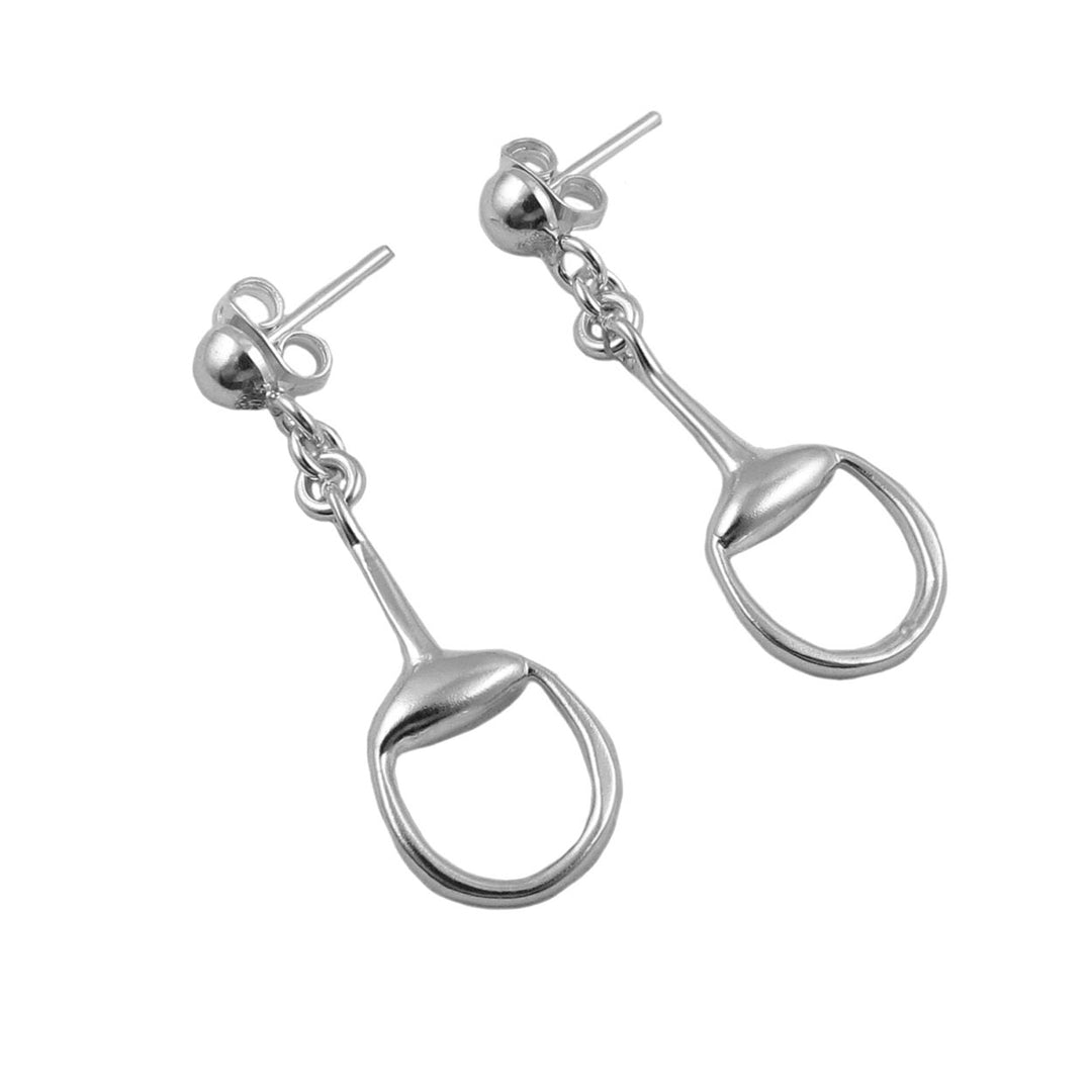 A pair of silver horse snaffle earrings dangle from post fasteners, designed for pierced ears.