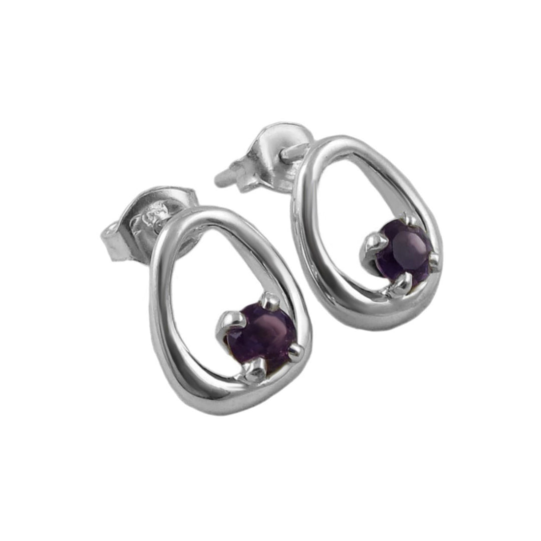 Silver earrings with purple amethyst gemstones on a white background