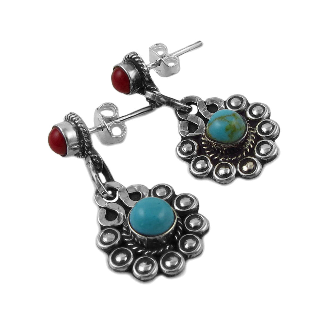 Dangling flower shaped earrings in 925 silver with coral and turquoise coloured beads.
