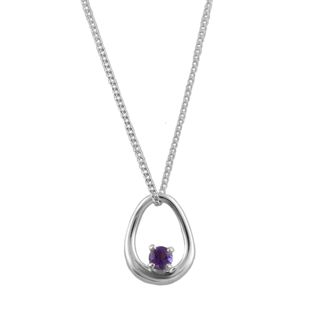 Silver necklace with a teardrop pendant featuring a purple faceted amethyst gemstone on a white background