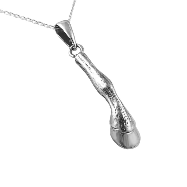 Silver horse hoof pendant necklace on a white background