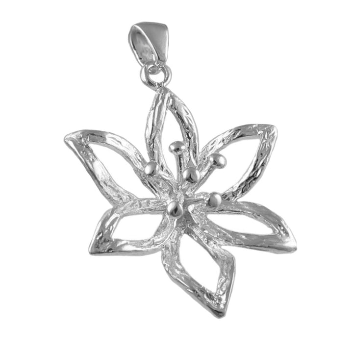 A sterling silver lotus flower pendant with a textured finish and curved petals on a white background.
