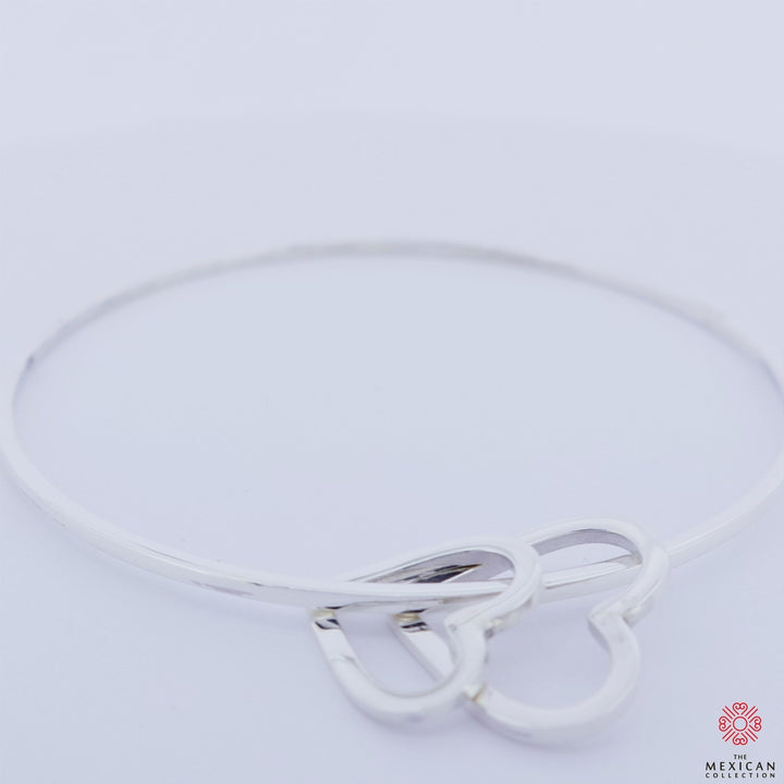 Large Sterling Silver Bangle with Heart Charm Tags