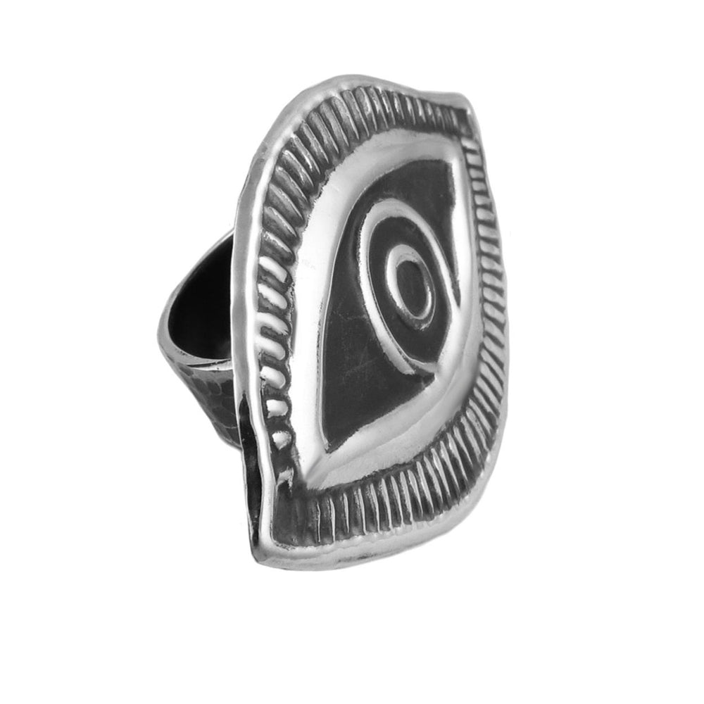 Large sterling silver evil eye ring on a white background.