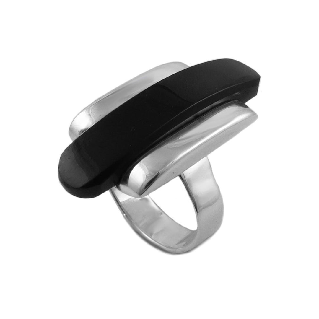 925 silver cocktail ring for women with a large obsidian gemstone inlay.