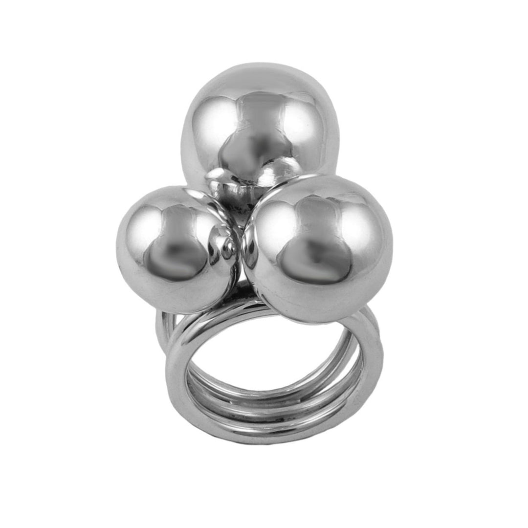Silver ring with three large spherical beads on a white background