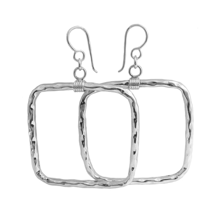 Hammered 925 silver square hoop earrings on a hite background