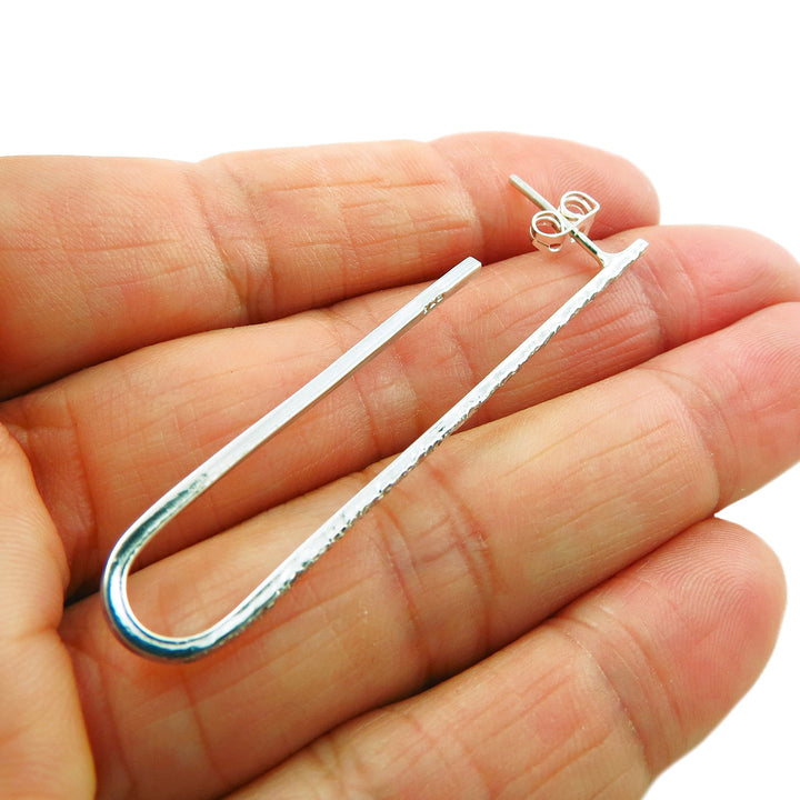 Sterling Silver Hammered Long Drop Earrings – Modern Design