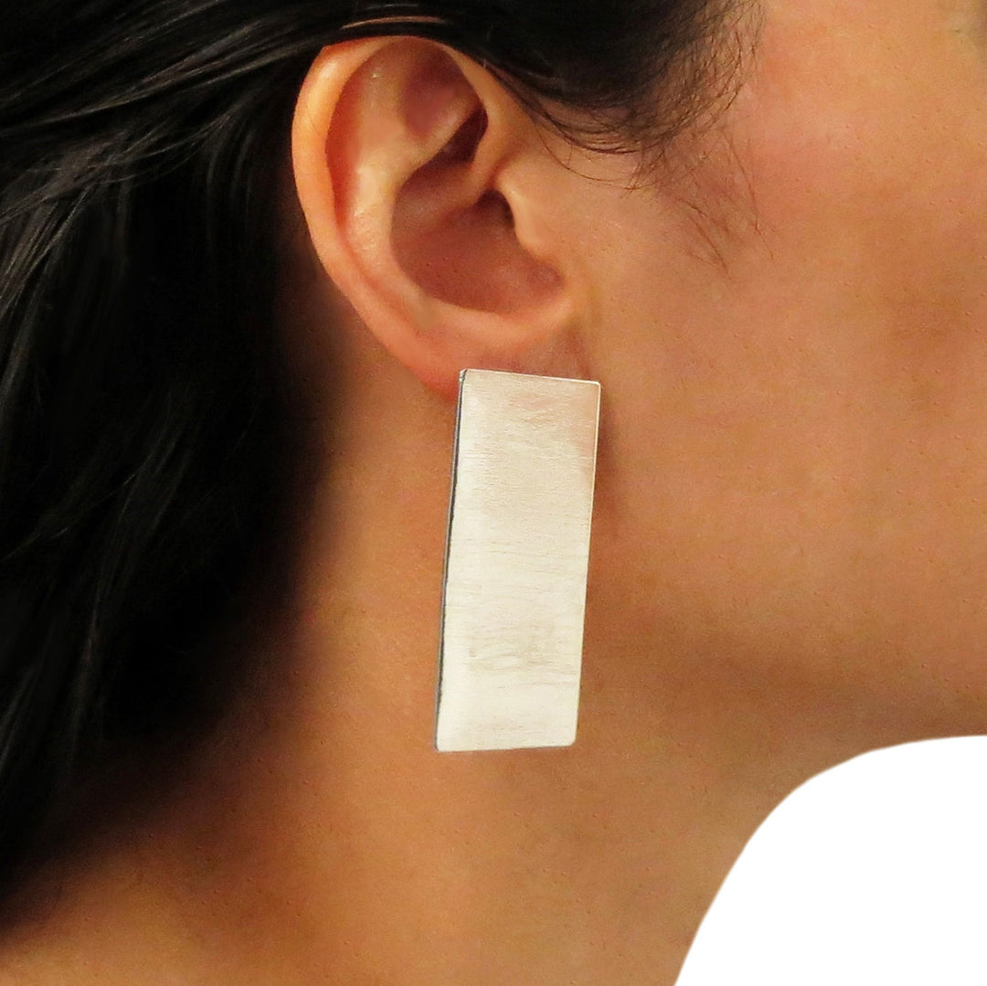 Handmade Large Brutalist Rectangular Silver Earrings