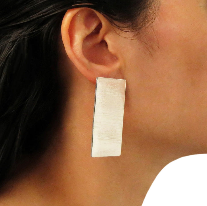 Handmade Large Brutalist Rectangular Silver Earrings