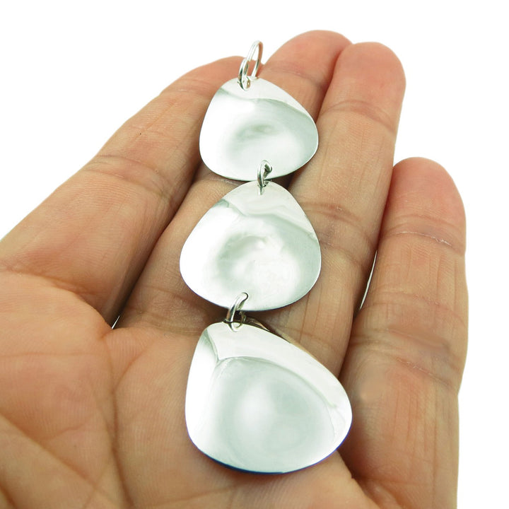 Silver Triple Drop Earrings - Handmade Dangling Style