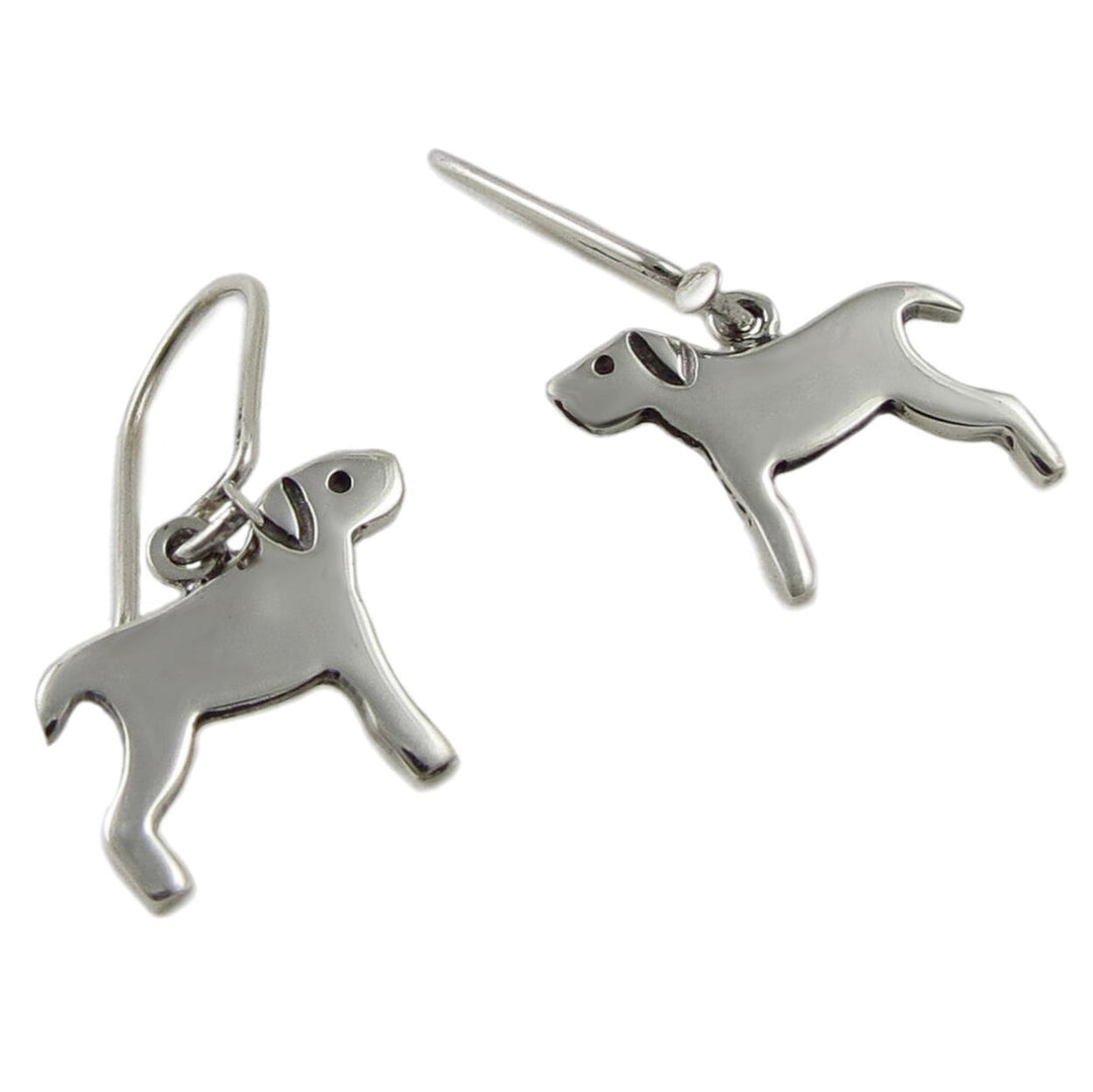 A pair of sterling silver earrings in the shape of a labrador dog, with a single hook each.