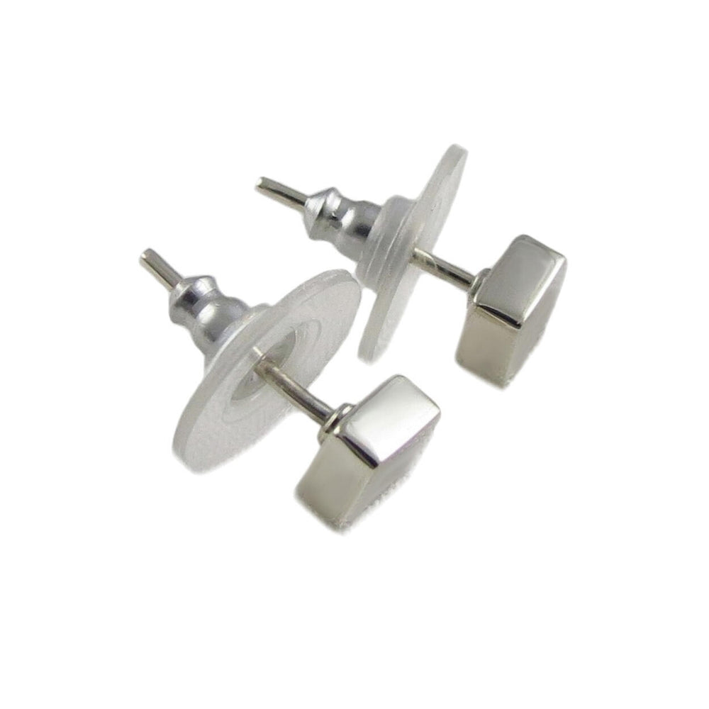 Square cue silver stud earrings on a white background.