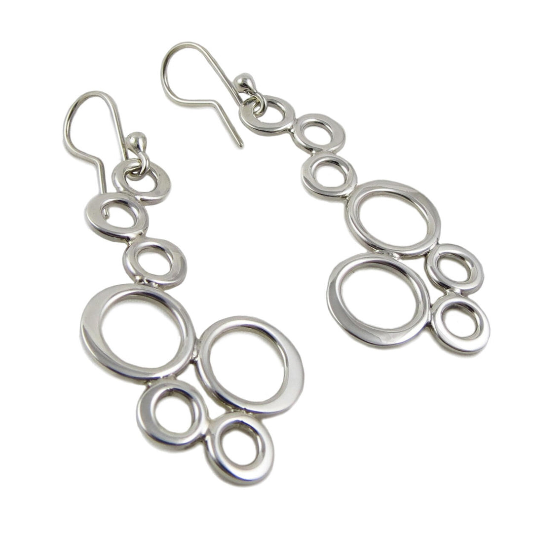 Silver bubble drop earrings on a white background