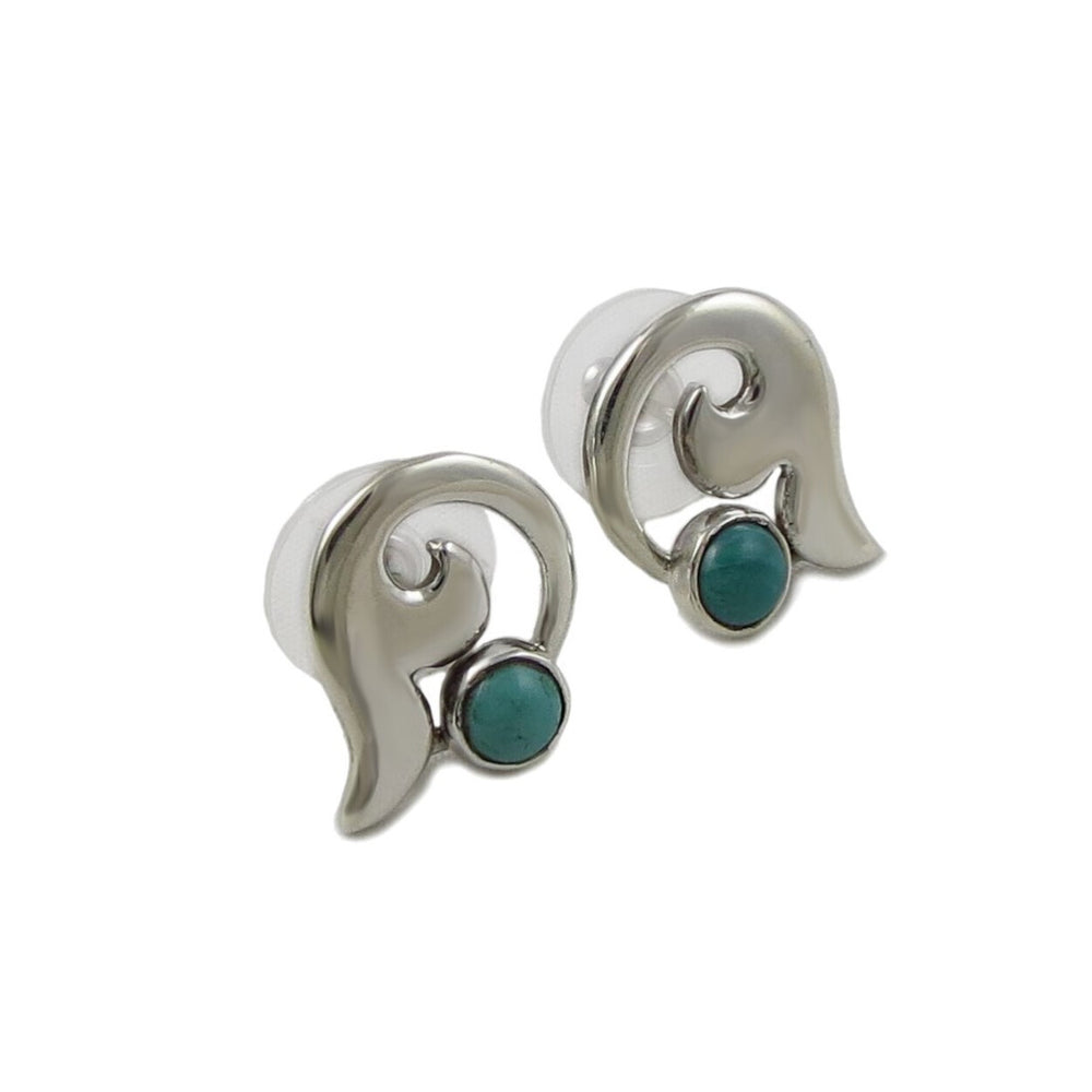 Silver calla lily and turquoise gemstone stud earrings on a whitel background.