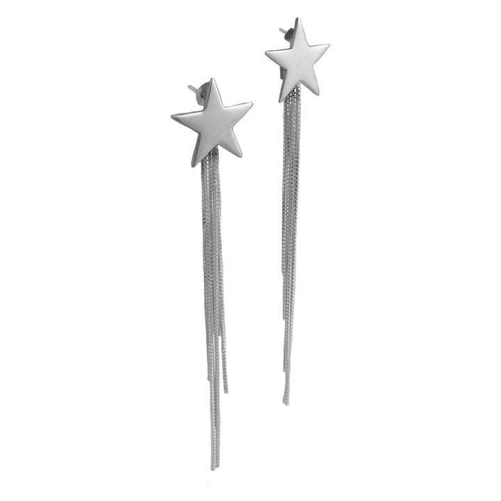 Celestial star earrings with chain drops on a white backgournd.