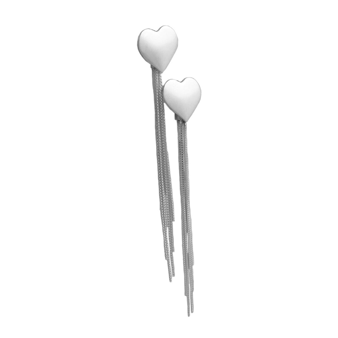 Sterling silver heart earrings with dangling chain fringes on a white background