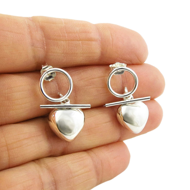 Silver puffy heart drop earrings