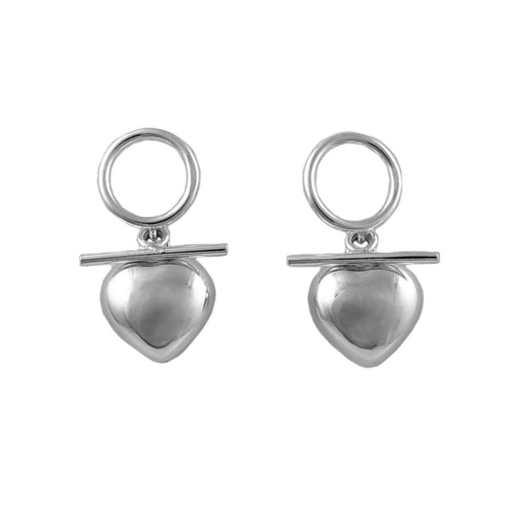 Silver puffy heart drop earrings on a white background