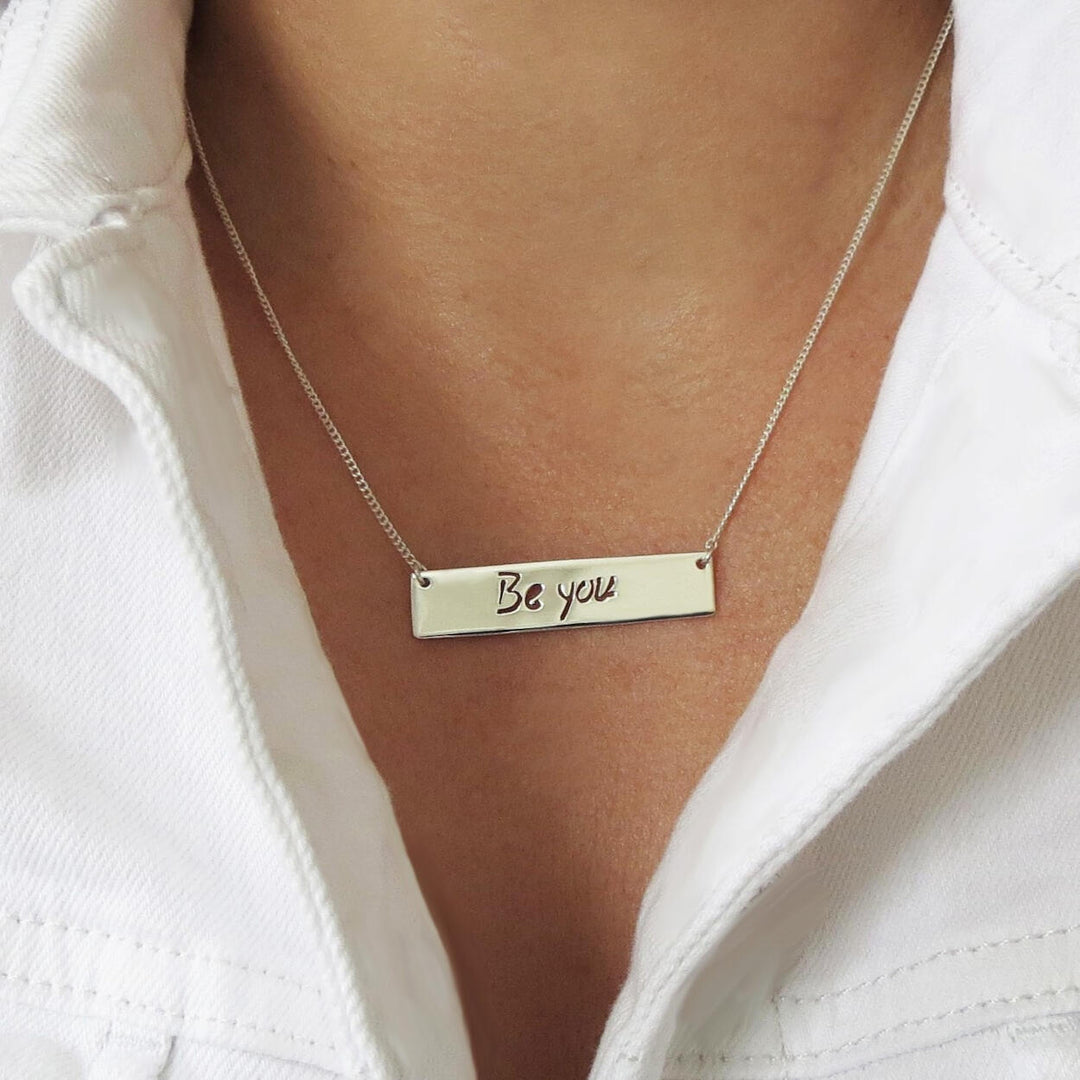 Be You 925 Sterling Silver Tag Bar Message Necklace