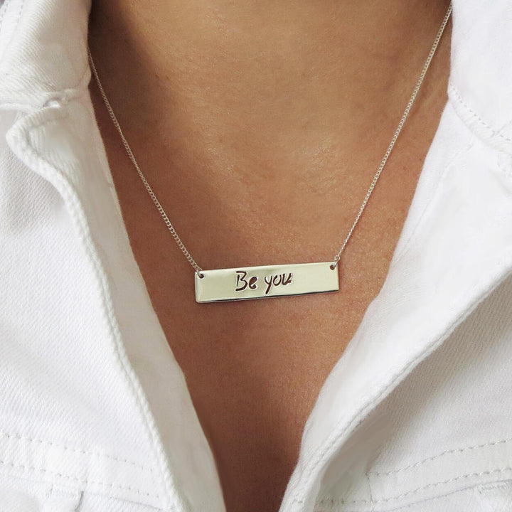 Be You 925 Sterling Silver Tag Bar Message Necklace