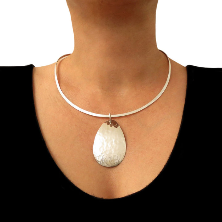 Hammered Oval Sterling Silver Pendant Necklace - Large