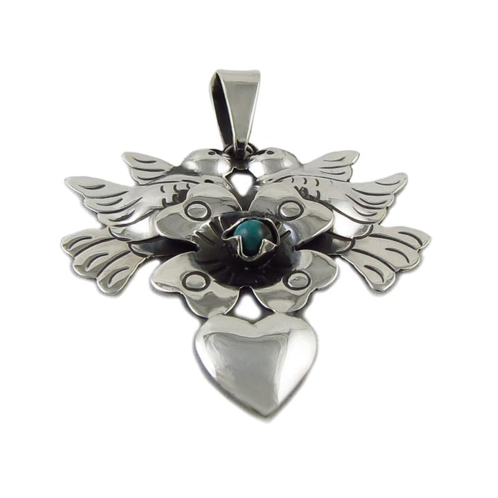Lovebirds and heart sterling silver pendant with a single turquoise gemsstone cabochon.