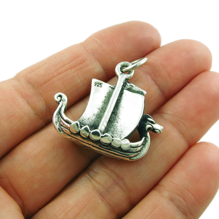Sterling Silver Viking Long Ship Boat Pendant Necklace