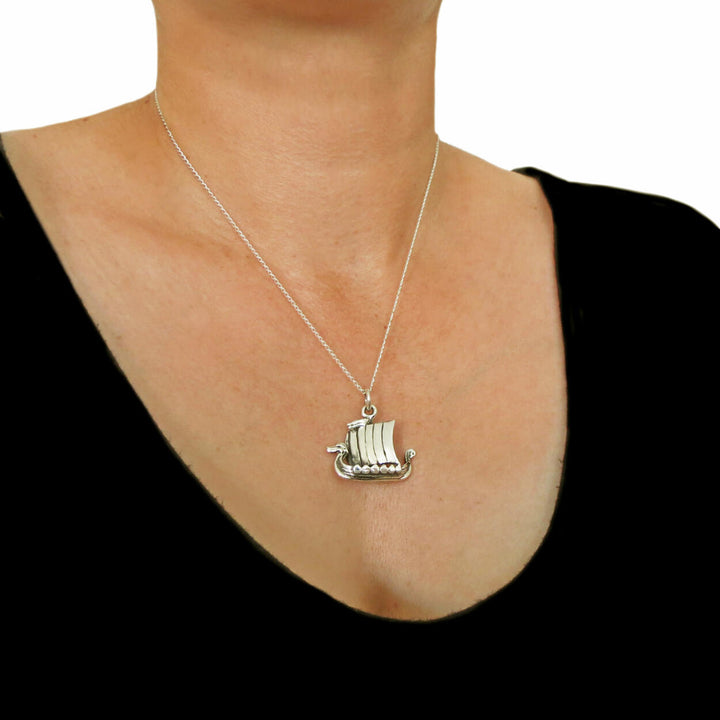 Sterling Silver Viking Long Ship Boat Pendant Necklace