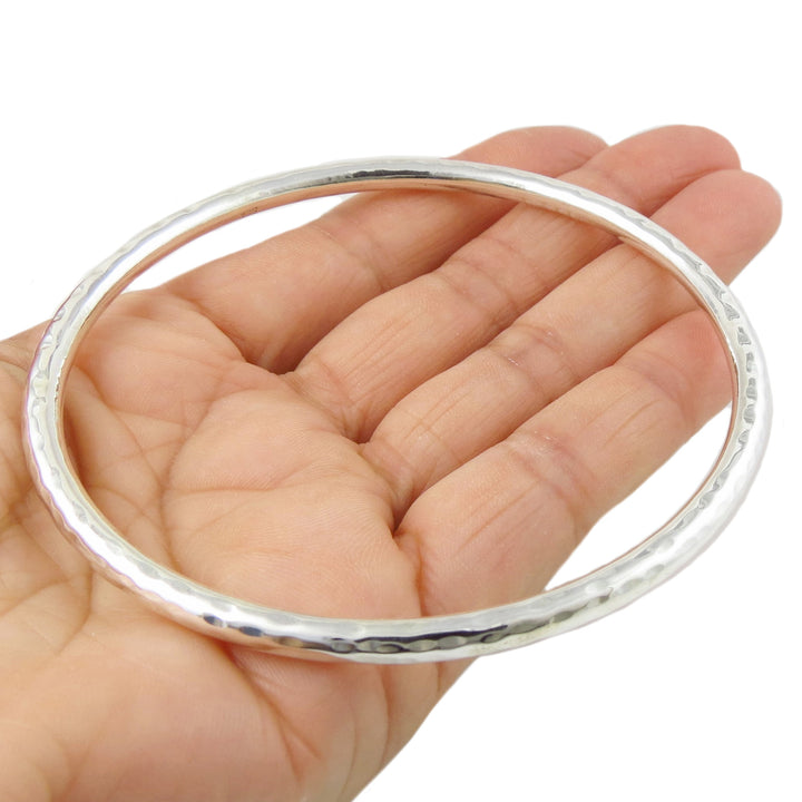 Large Hammered Circle Bangle in Sterling Silver