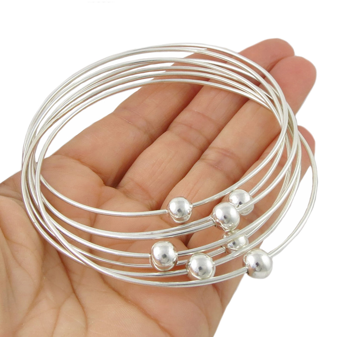 Large Interlocking Sterling Silver Multi Hoop Ball Bead Bangle