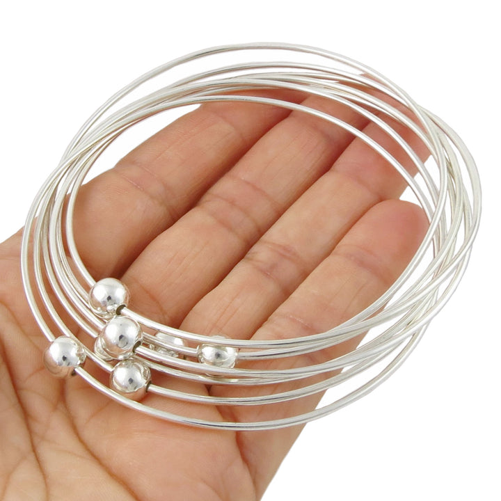 Large Interlocking Sterling Silver Multi Hoop Ball Bead Bangle