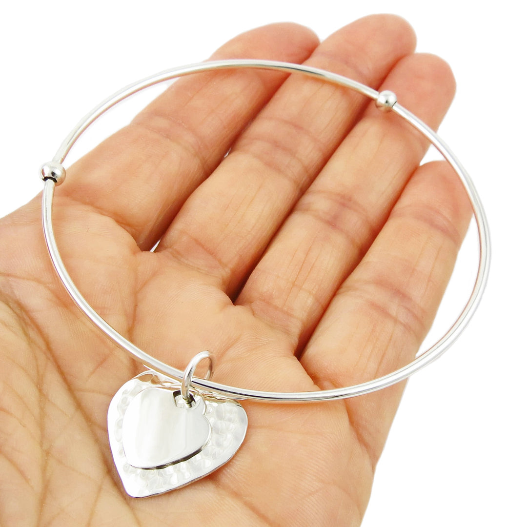 Handmade Sterling Silver Heart Charm Bangle for Women