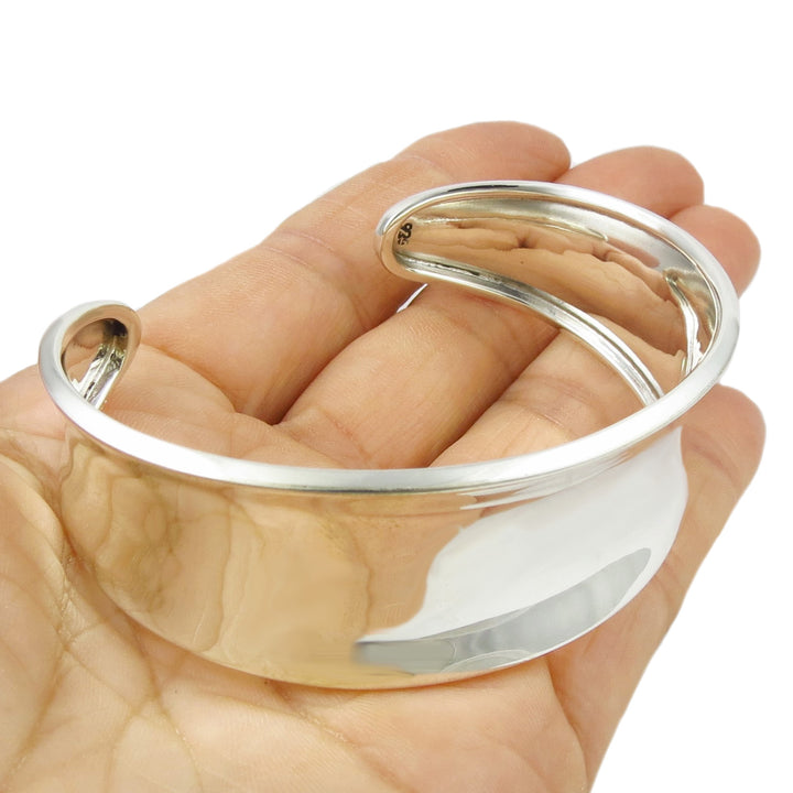 Wide Sterling 925 Silver Cuff Polished Curved Bracelet