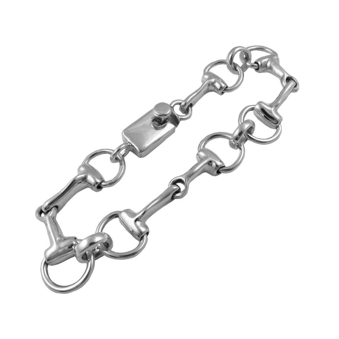 ladies 925 sterling Silver bridle horse bit bracelet with a push box fastener on a white background