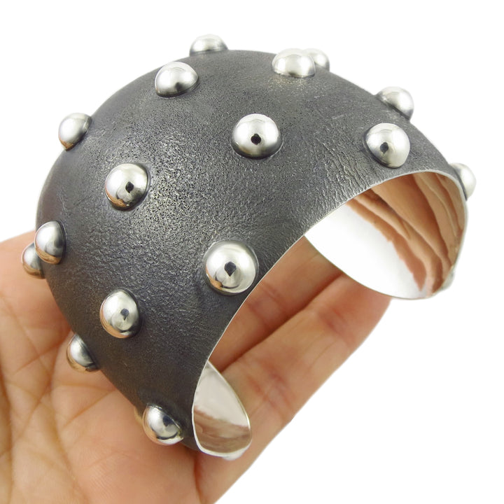 Large Modernist Spiky Punk 925 Sterling Silver Bracelet Cuff