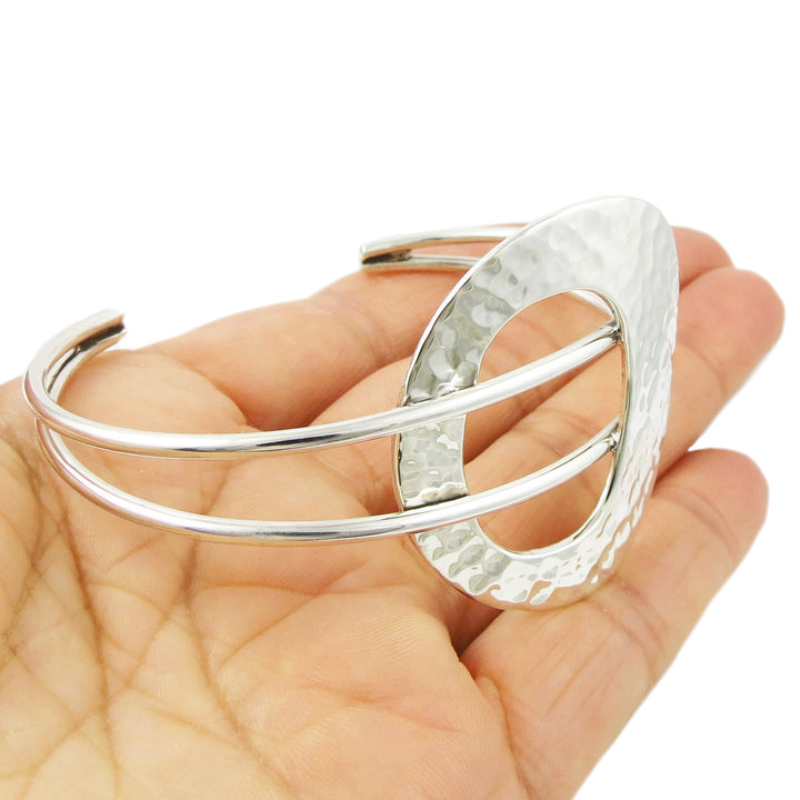 Wide Sterling Silver Hammered Oval Bracelet