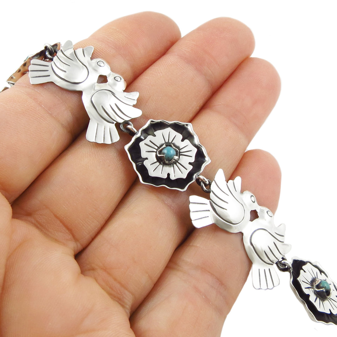 Maria Belen Sterling Silver Lovebirds and Flowers Bracelet