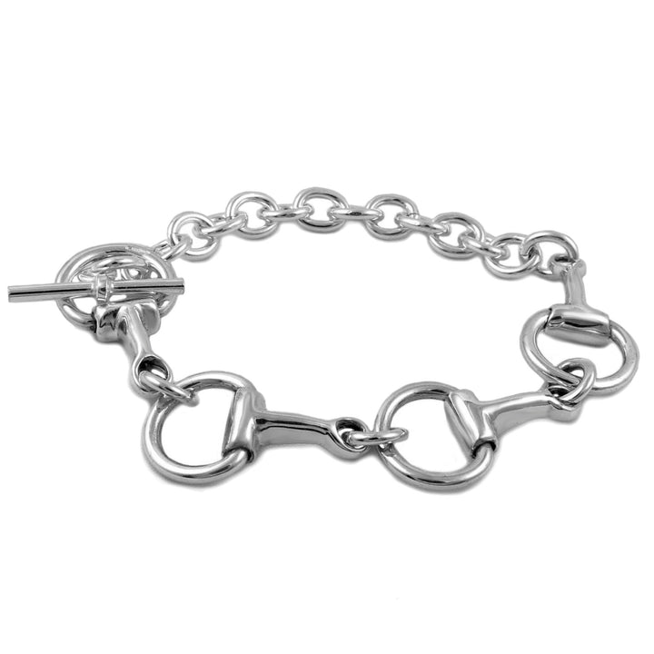 UK hallmarked 925 sterling silver bridle horse bit and chain bracelet on a white background
