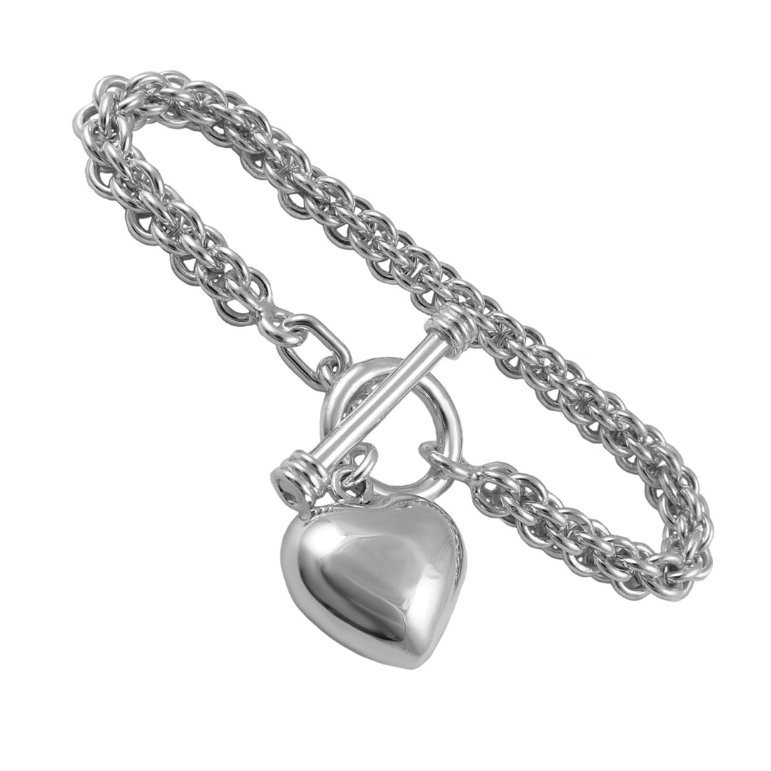 Sterling 925 Silver chain bracelet with a unique puffy heart-shaped  charm on a white background