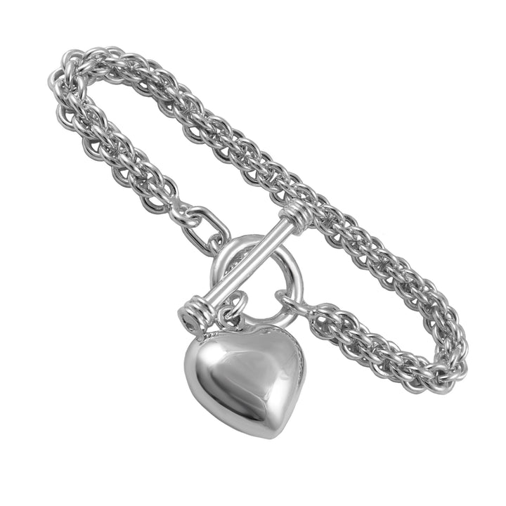 Sterling 925 Silver chain bracelet with a unique puffy heart-shaped  charm on a white background